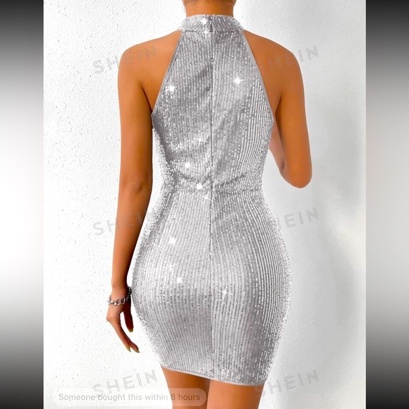 NEW🤍 Women’s High Wrap Aroune Neck Silver Sparkly Mini Dress Size Small - Picture 4 of 5
